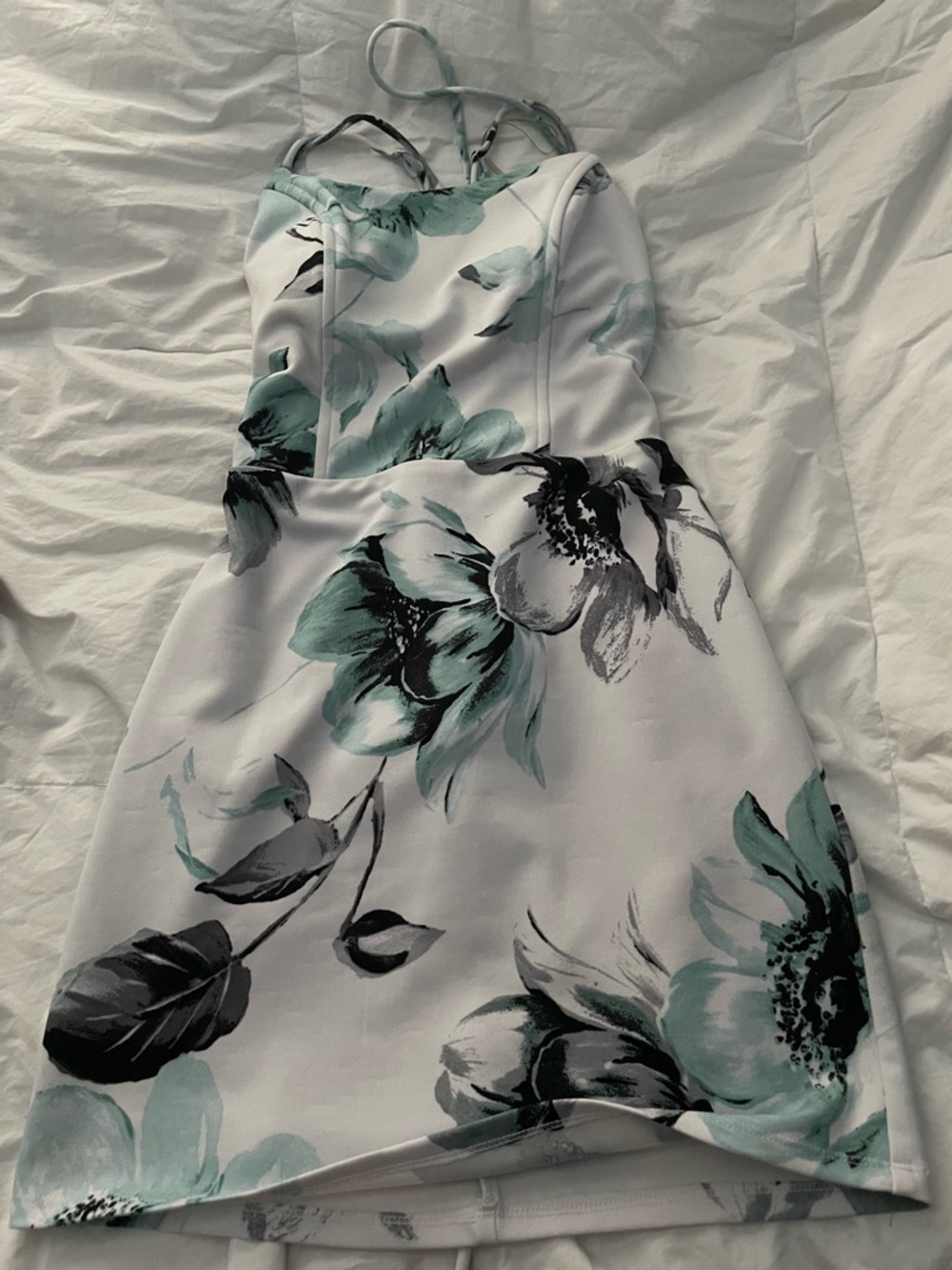 White Floral A-Line Dress with Mint Green Accents